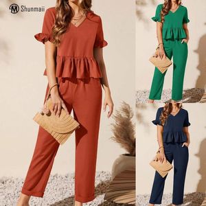 Damesbroek dames peplum top founce mouw dames 2 -delere rechte set met zakken vaste kleur casual stijl vakantie outfit