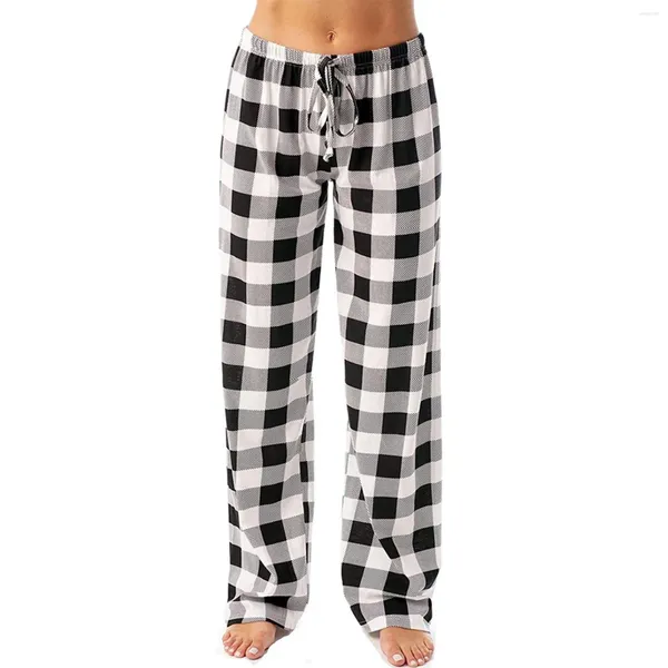 Pantalon femme dames Plaid imprimé pyjama décontracté corde élastique cordon jambe droite pantalon ample pour vêtements féminins