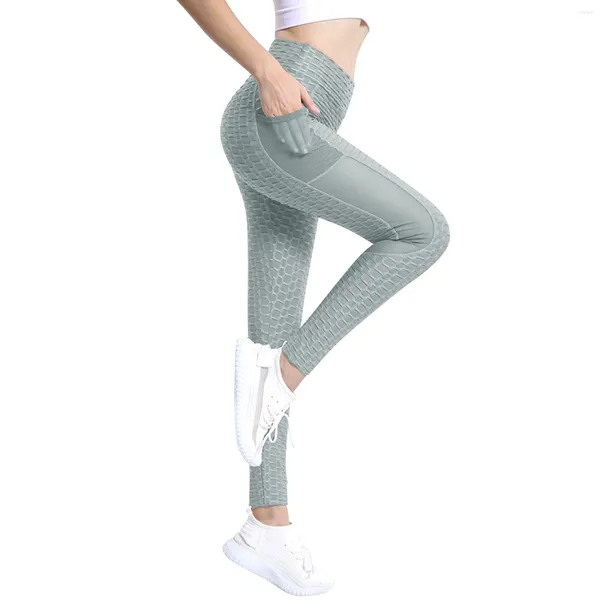 Pantalon femme couleur unie cravate teint Jacquard nid d'abeille poche hanche ascenseur Yoga téléphone portable pantalons de survêtement Leggings