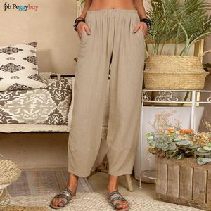 Damesbroek Dame Casual Loose Fit Linnen Katoen Hoge Taille Broek Met Zakken Eenvoudige Effen Kleur Oversized Vakantie Cropped