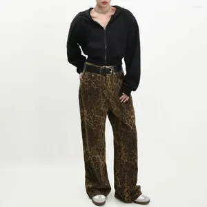 Damesbroeken dame jeans luipaard print unisex hop met brede poot knop ritssluiting stijlvolle streetwear broek voor jonge volwassenen