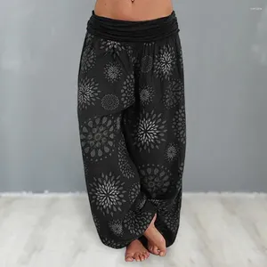 Pantalon féminin pantalon long pantalon imprimé ethnique harem occasionnel avec taille élastique en liberté en forme de jambe large douce