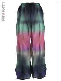 Pantalones para mujer LANMREM moda gradiente plisado pierna ancha mujeres elástico cintura alta contraste Color pantalones 2024 otoño 2AA2577