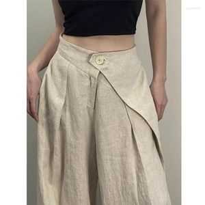 Pantalon féminin grand pantalon à jambes larges plissés de lin lâche