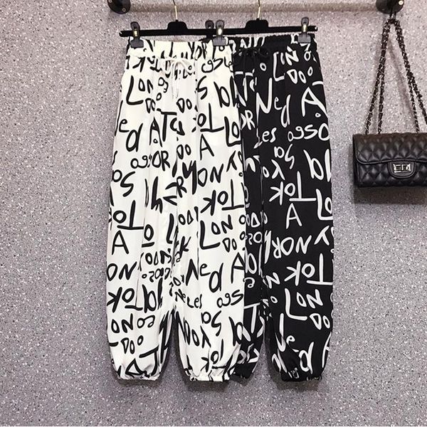 Pantalon femme grande taille Bloomers en mousseline de soie dames contraste lettres imprimées Graffiti Cargo femme Micro gros lâche taille élastique pantalons de survêtement