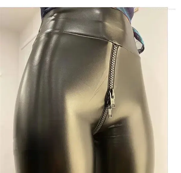 Pantalones de mujer talla grande Sexy mujer negro cuero mate entrepierna abierta exótico ceñido al cuerpo pantalones de imitación ajustados Wetlook ropa de discoteca 4XL