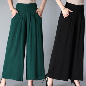 Pantalones de mujer de talla grande de verano para mujer de algodón y lino de pierna ancha de cintura alta ropa informal de mediana edad suelta nueve 2116