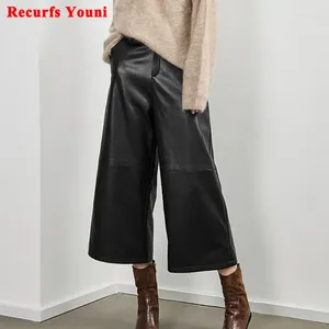 Pantalon femme en cuir recadrée pour femmes 2024 printemps mode coréenne vêtements mince jambe large mollet long en peau de mouton pantalon noir streetwear