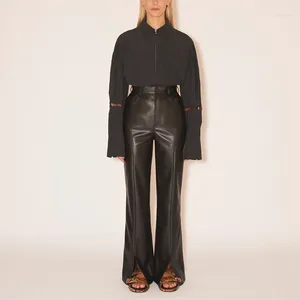 Pantalon femme simili cuir taille haute fente décontracté droit rétro Niche