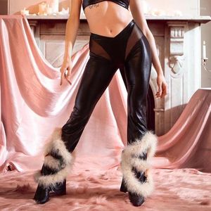 Pantalon Femme Cuir Mesh Fourrure Taille Haute Cargo Y2K Streetwear Mode 2024 Femmes Vêtements d'hiver Pantalon Skinny Casual Sexy Club