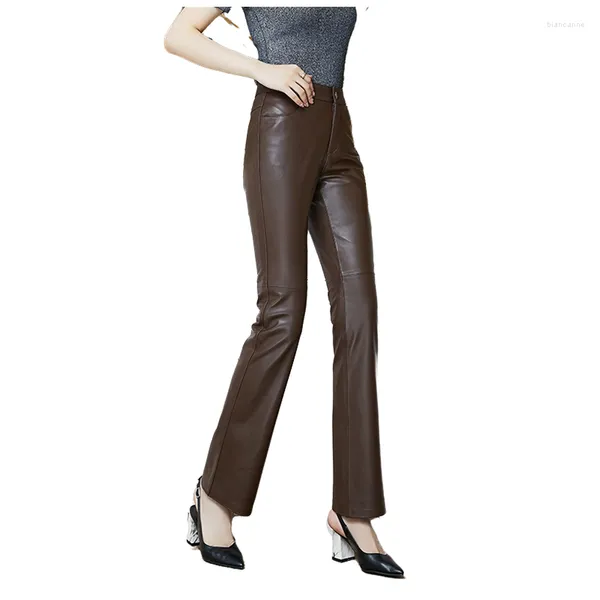 Pantalon femme cuir femme taille haute légèrement évasée noir rouge véritable grande taille vintage peau de mouton en vrac