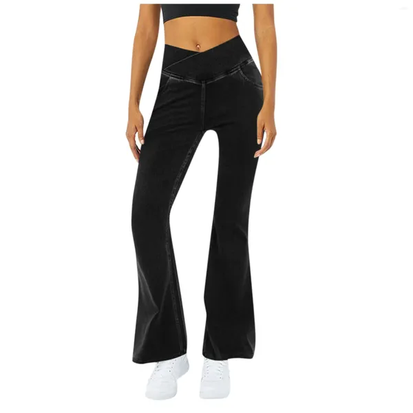 Pantalon femme loisirs couleur unie taille haute mouvement jean régulier poche Cool lavé extensible décontracté Super Flare