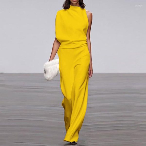 Pantalones de mujer Lemongor moda asimétrica Color sólido un hombro Tops pierna ancha alta cintura fiesta noche conjunto de dos piezas para mujeres 2023