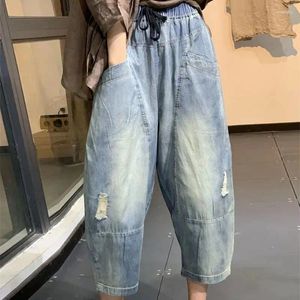 Dames broek limiguyue nostalgische veelzijdige denimgat radijs losse broek trekstringzakken zomer kalf lengte jeans e653