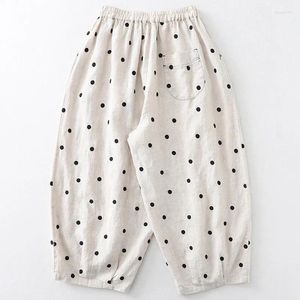 Pantalones de mujer Limiguyue lunares algodón lino mujeres piernas anchas pantalones de verano literarios Casual transpirable cintura elástica Crop E463