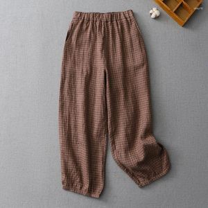 Pantalon féminin limiguyue femmes vitnaage lin plaid poches littéraires rétro pantalon de coton radis