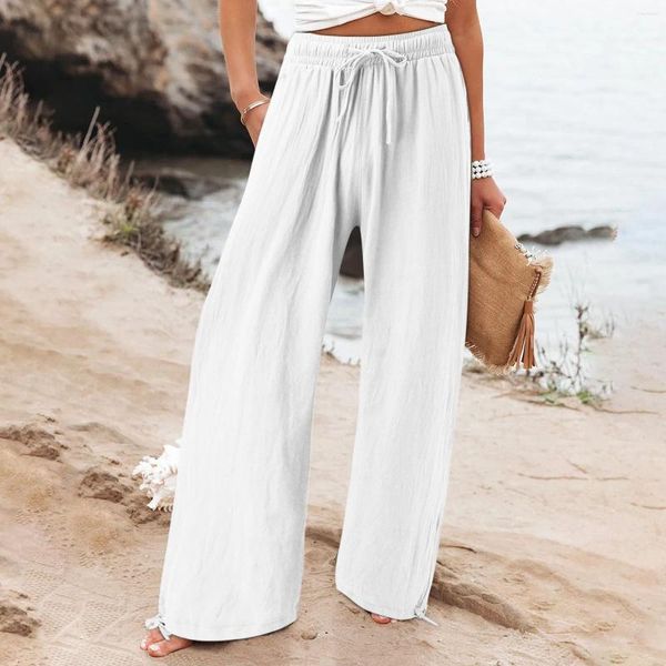 Pantalones de mujer Línea Boho Boho Blancos Pantalones Ventajero amplio Cosco elástico Bolsa de cintura alta cómoda Pantalones de chorro