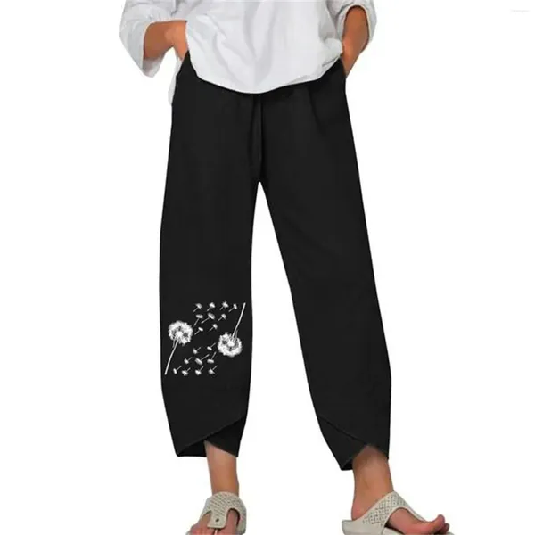 Pantalon féminin lin travail femme dame fleurs décontractées imprimez le pantalon de la jambe large élastique avec des poches pour