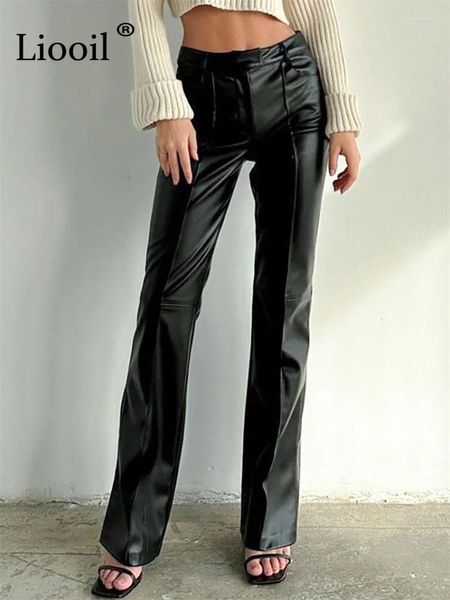 Pantalones para mujer Liooil Mujeres Flare de cuero de imitación Cintura alta Black Brown Slacks con bolsillos Otoño Invierno Pantalones largos de campana