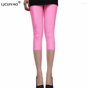 Pantalones de mujer LJCUIYAO, mallas Capri para mujer, pantalones brillantes fluorescentes de Color sólido, pantalones informales hasta el tobillo elásticos brillantes de Spandex