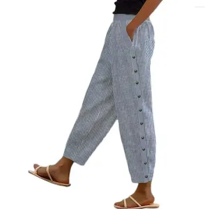Pantalon féminin pantalon long pantalon à rayures imprimé en vrac ajustement avec des boutons latéraux poches pour les femmes de la ceinture élastique de la hauteur moyenne