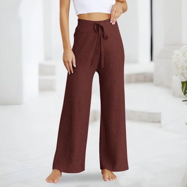 Pantalones de mujer holgados informales para mujer, pantalón de punto acanalado, recto, pierna ancha, liso elástico, con cordones, cintura alta, nueve puntos