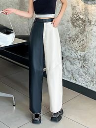 Pantalon féminin lâche grande peau de mouton pour femmes en cuir authentique élégant noir contraste blanc harem y4442