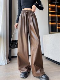 Pantalon ample en cuir PU pour femme, taille haute, cordon de serrage, jambes larges, taille élastique, noir, droit, automne et hiver