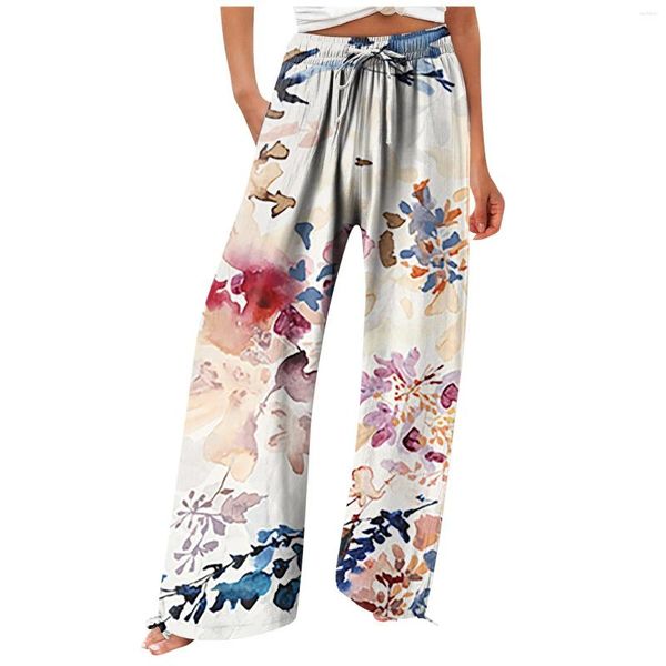 Pantalons amples à jambes larges pour femmes, pantalons de survêtement décontractés à imprimé floral pour filles, pantalons coréens d'été longueur cheville, vêtements de maison