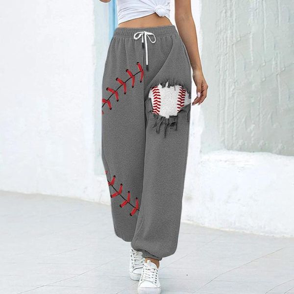 Pantalon féminin lâche les jambes larges femmes cordons d'été pantalon imprimé de baseball