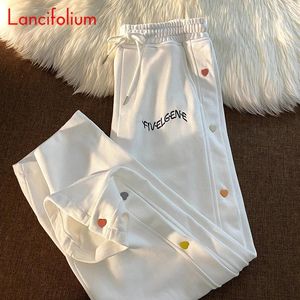Pantalon Femme Love Button Shirring Summer Femmes 2024 Coréen Vintage Large Jambe Lettre Élastique Taille Haute Sweat Streetwear Pantalon de survêtement