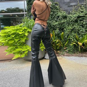 Damesbroek lage taille faux pu lederen dames nighclub high street mode broek uitgehold uitput 2023 sexy zwarte joggingbroek y2k