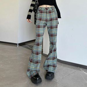 Pantalons pour femmes Lygens Plaid Pocket Pocket Button Zipper Long Flare 2024 Y2K Streetwear Wholesale Party Winter Fashion Daily Casual Casual