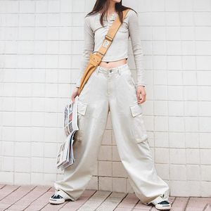 Pantalon femme Maden japonais décontracté jambe large Cargo blanc poche surdimensionné Baggy taille haute pantalon droit Streetwear