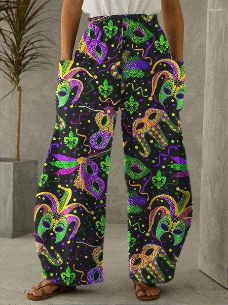 Pantalones de mujer Mardi Gras pierna ancha longitud completa payaso pluma gráficos patrón impreso fino moda hípster pantalones de calle