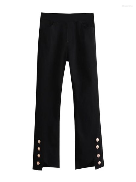 Pantalones de mujer MESTTRAF mujer 2023 moda botón dorado decoración negro Skinny Leggings Vintage cintura alta con pantalones elásticos femeninos
