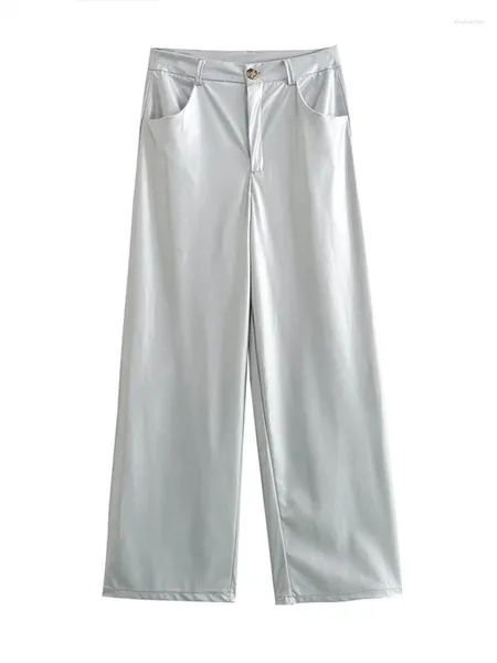 Pantalones de mujer Metálico Plata Moda Mujer Pantalones rectos Bolsillos sólidos Todo fósforo Pierna ancha Mujer 2024 Primavera Pantalón casual Dama