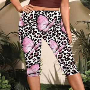 Pantalon féminin à mi-mollet Leopard Imprime-taise haute taille avec des poches latérales pour les femmes Slim Fit Lounge Running