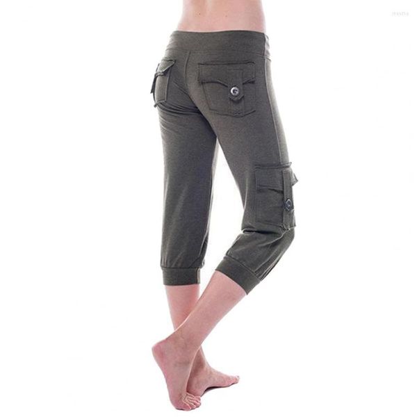 Pantalones de mujer de tiro medio con cordón para mujer con múltiples bolsillos ropa deportiva de Color sólido BuLifting Skinny Fitness Leggings Activewear