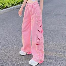 Pantalon femme MINGLIUSILI rose Parachute Vintage mode trous pantalon jambe large coréen surdimensionné taille haute solide Y2k femmes