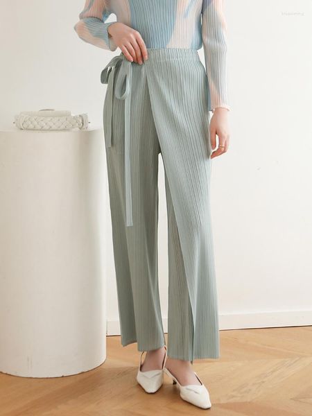 Pantalones de mujer Miyake High Stretch Color sólido Cordón Estilo Moda Diseño Verano Plisado Suelto Casual Versátil Tipo Mujer Largo
