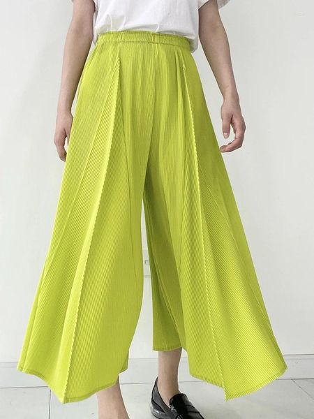Pantalon féminin miyake plissé de jambe large harem fluorescent vert élastique style coréen femmes 2024 vêtements de créateurs de printemps d'été