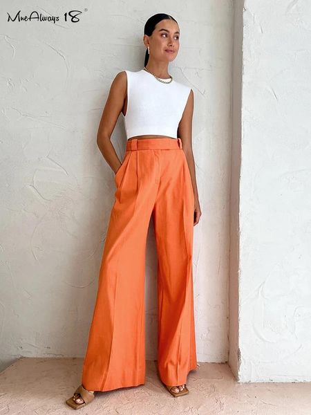 Pantalon femme Mnealways18 élégant Orange taille haute plissé jambes larges coton lin pantalon bureau dames 2024 respirant été