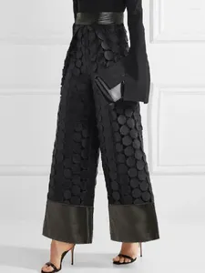 Pantalon féminin Modigirl 2024 Fashion Pu Patchwork Hollow Polka-Dot Lig Leg Spring Loose Casual Colters For Office Lady