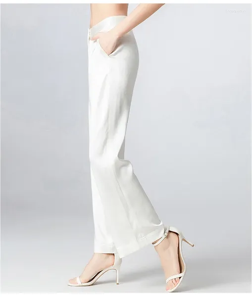 Pantalones de mujer Mulberry Silk Women White Blanco Amre Summer Primavera Autumn Autumn High Wist Satin Recta pierna