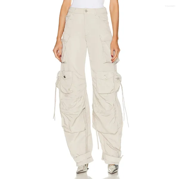 Pantalon femme multi-poches travail mince coton droit rétro décontracté cent printemps/été Y2K cravate décoration 2024