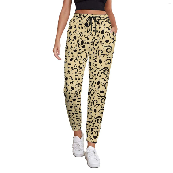 Pantalon femme Notes de musique pantalon de survêtement Kawaii jaune et noir motif printemps Streetwear pantalon Oversize idée cadeau