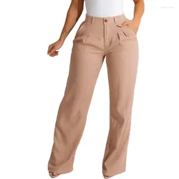 Pantalon femme Mutevole printemps automne ample droite femmes jambe large couleur unie pantalon bouton poche élastique Palazzo