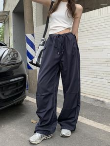 Pantalon femme bleu marine ample jambe droite pantalon long avec poche Y2k vêtements coréens cordon de serrage pantalon de survêtement d'été pantalon cargo Harajuku