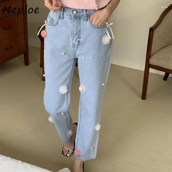 Pantalon féminin Neploe 2024 Denim d'été Blue Fashion Fashion Sweet 3D Flower Pearl Bow Tablers Y2K LOBE LORT LEG LAG LEG LEG